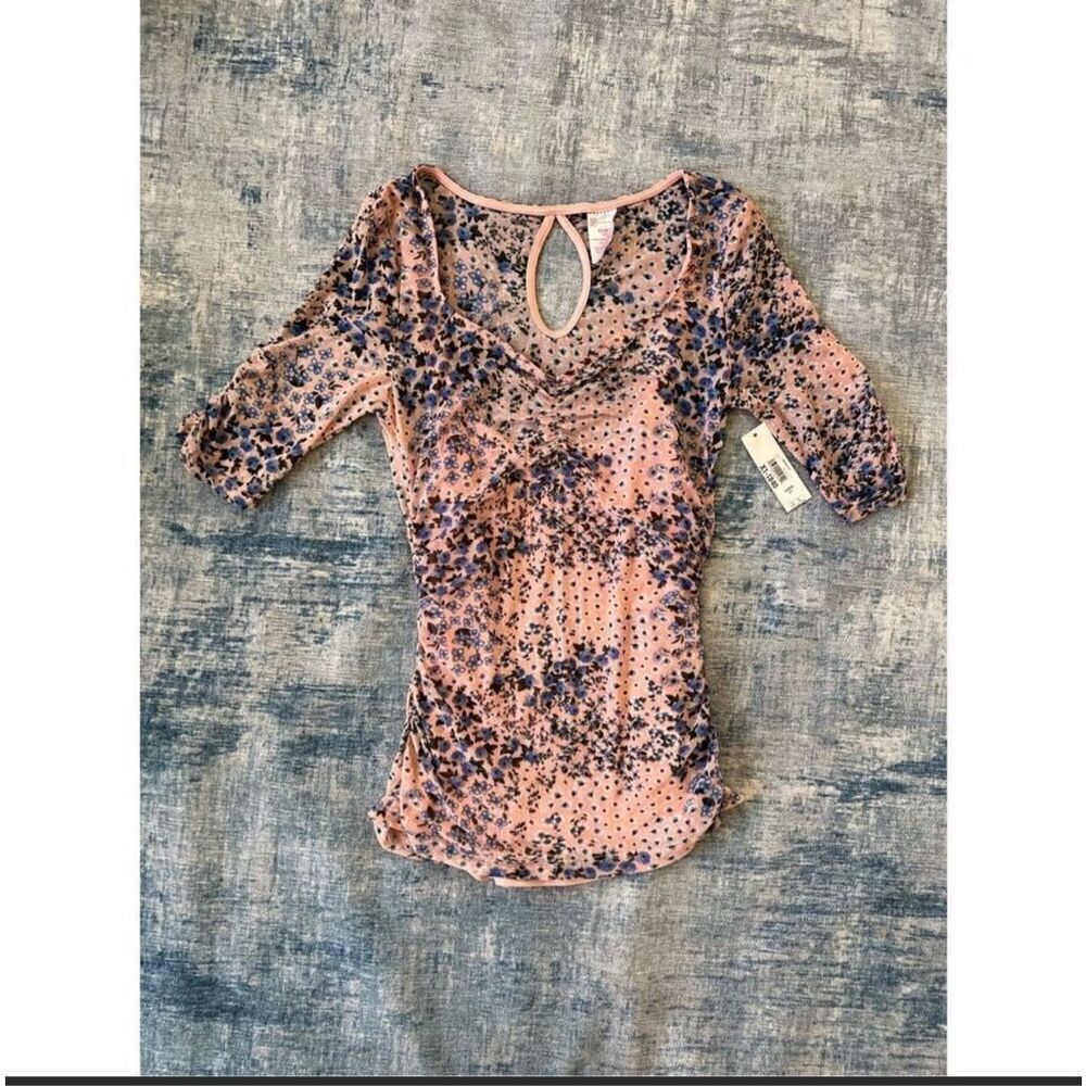 NWT! No Boundaries Pink Blue Cinched V Neck Floral Mesh 2 Layer Top XS
